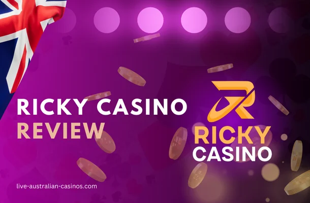 ricky casino logo, gold coins, australian flag on purple background