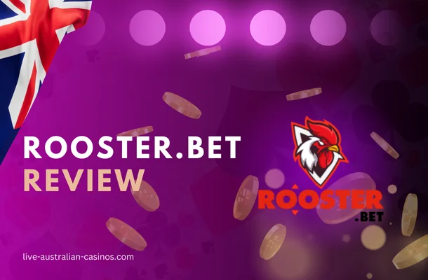 roosterbet logo, gold coins, australian flag on purple background